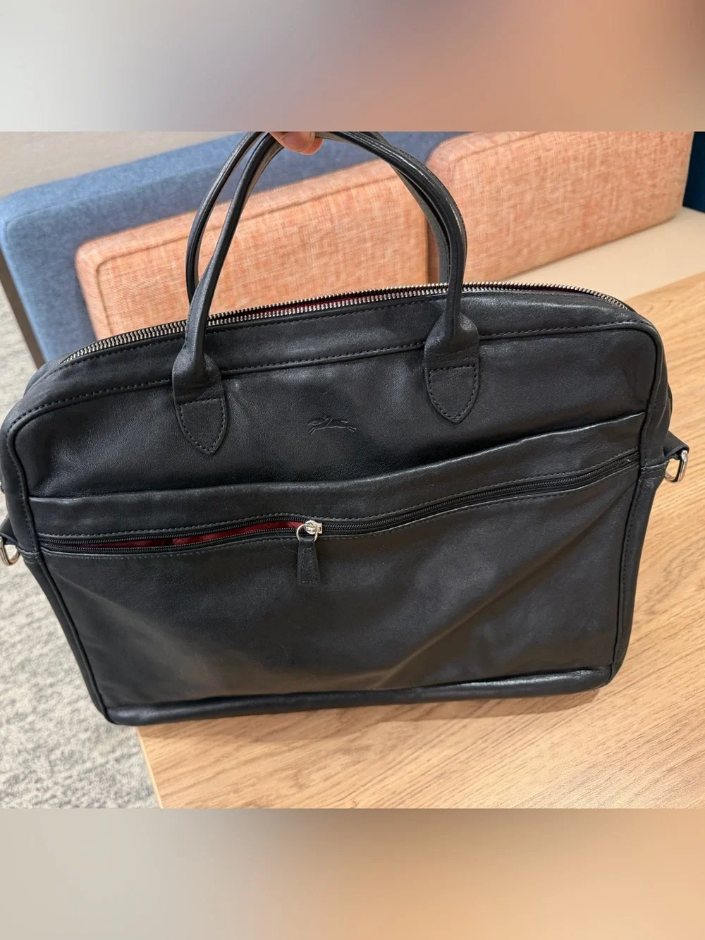 Longchamp Black Leather Laptop Bag with Orange, Red and Gray Stripes